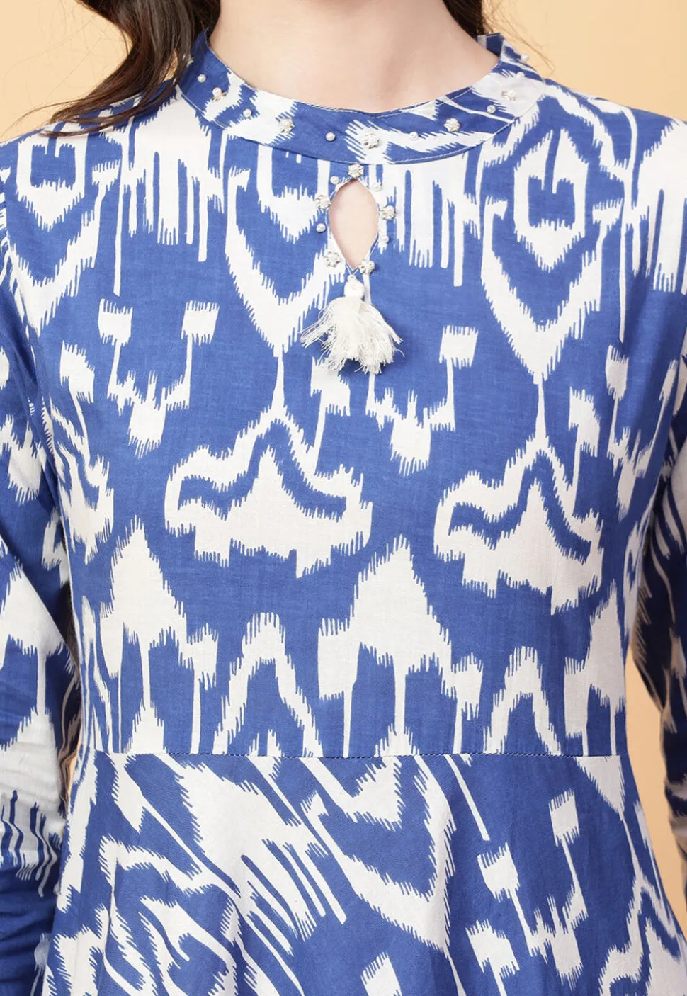 Ikat Printed Cotton Maxi Dress in Off White and Blue
