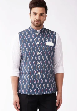 Ikat Printed Cotton Nehru Jacket in Navy Blue