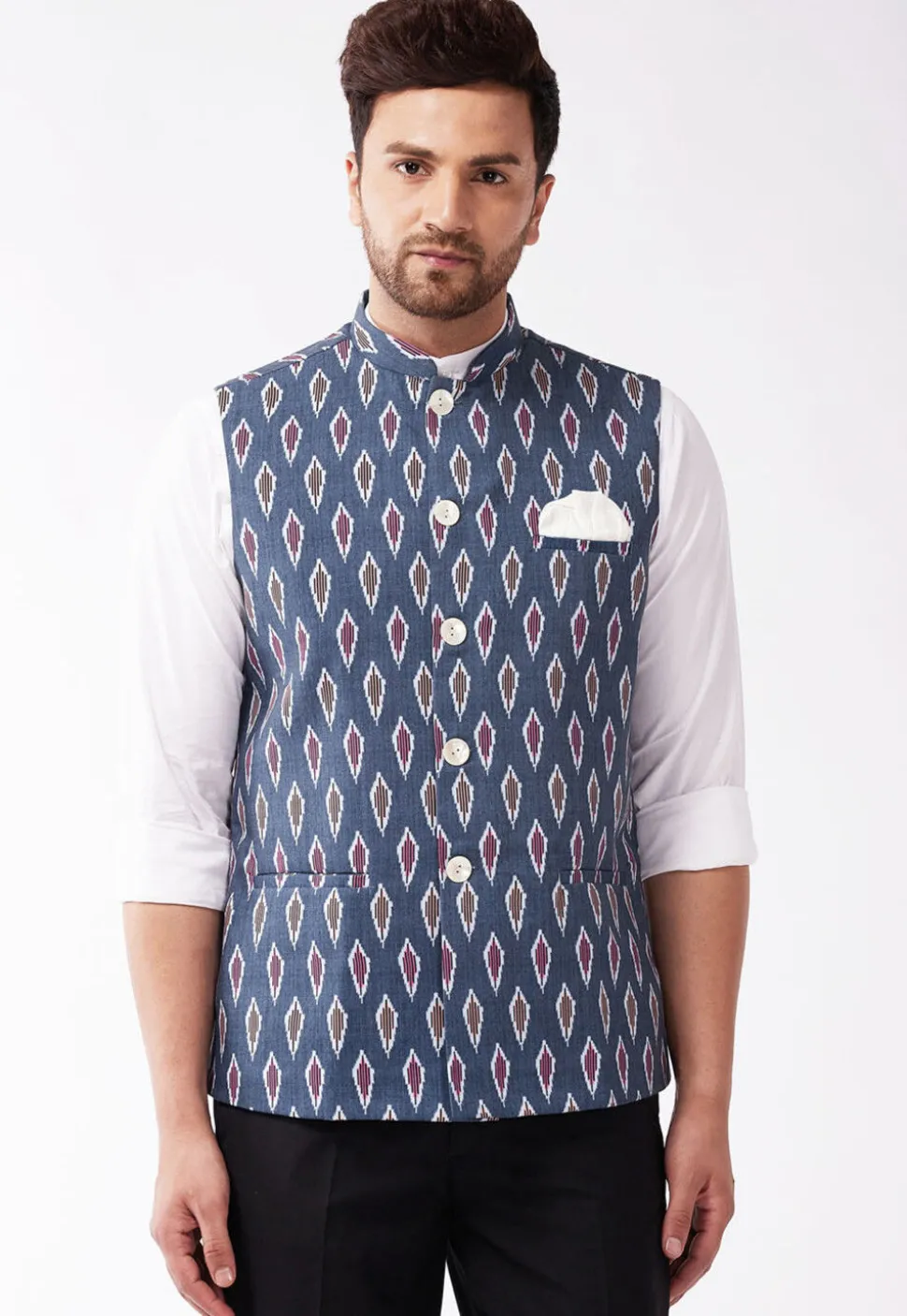 Ikat Printed Cotton Nehru Jacket in Navy Blue