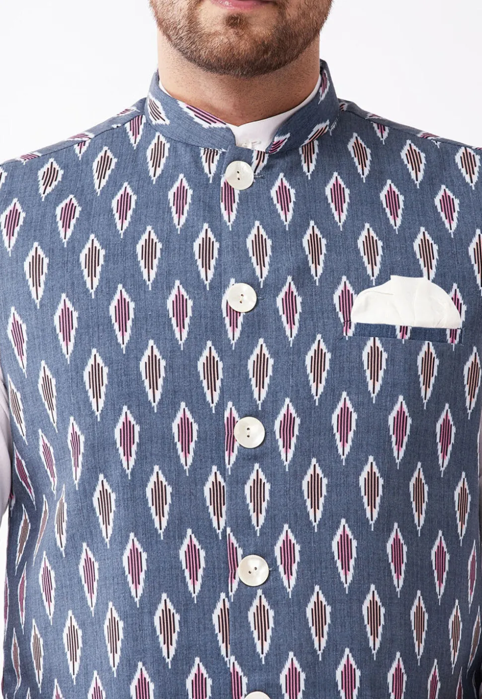 Ikat Printed Cotton Nehru Jacket in Navy Blue