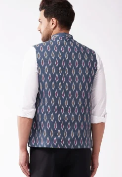 Ikat Printed Cotton Nehru Jacket in Navy Blue