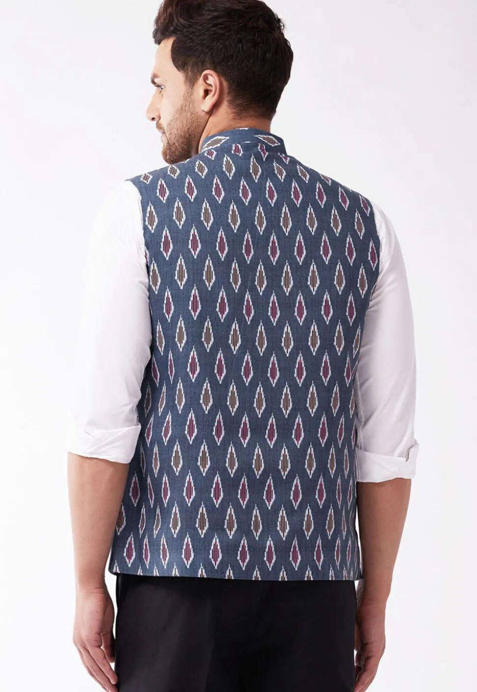 Ikat Printed Cotton Nehru Jacket in Navy Blue