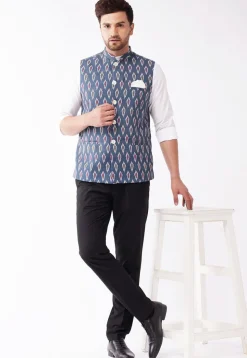 Ikat Printed Cotton Nehru Jacket in Navy Blue