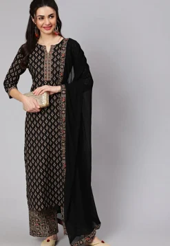 Ikat Printed Cotton Pakistani Suit in Black