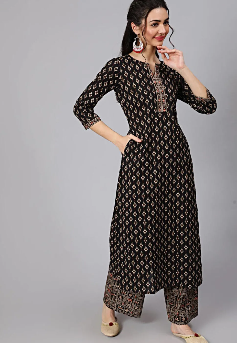 Ikat Printed Cotton Pakistani Suit in Black