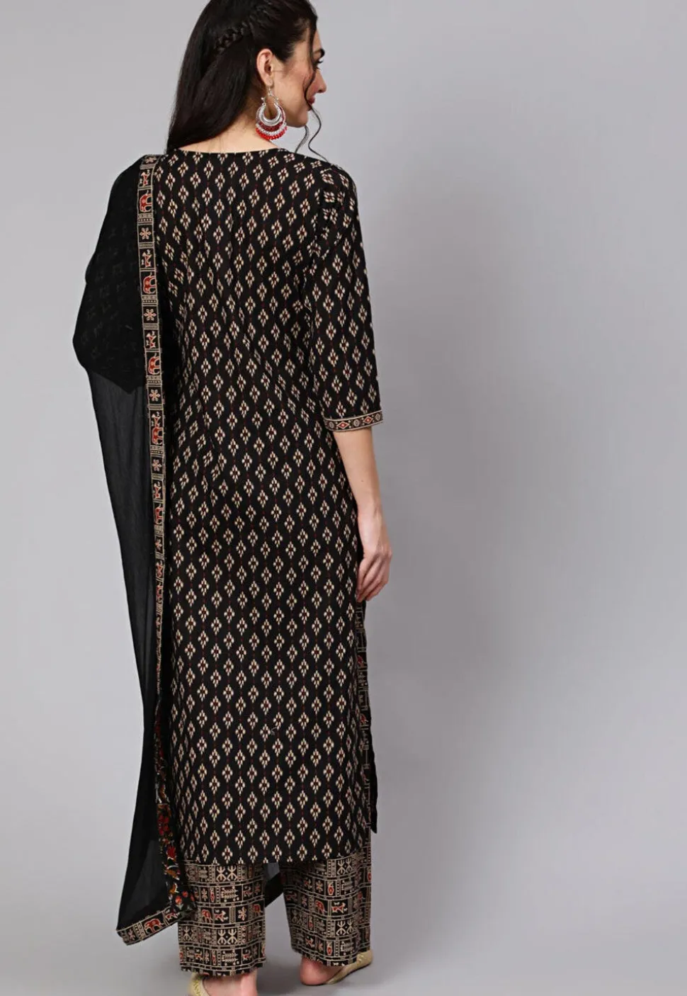 Ikat Printed Cotton Pakistani Suit in Black