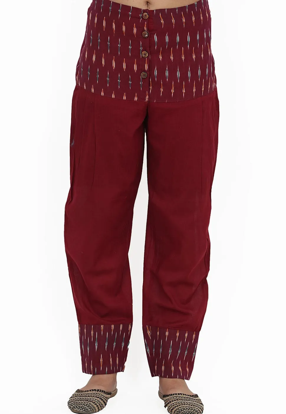 Ikat Printed Cotton Pant in Maroon