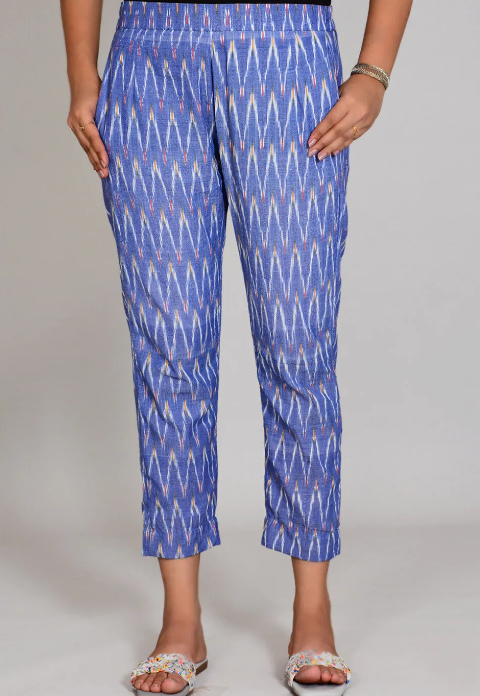 Ikat Printed Cotton Pant in Light Blue