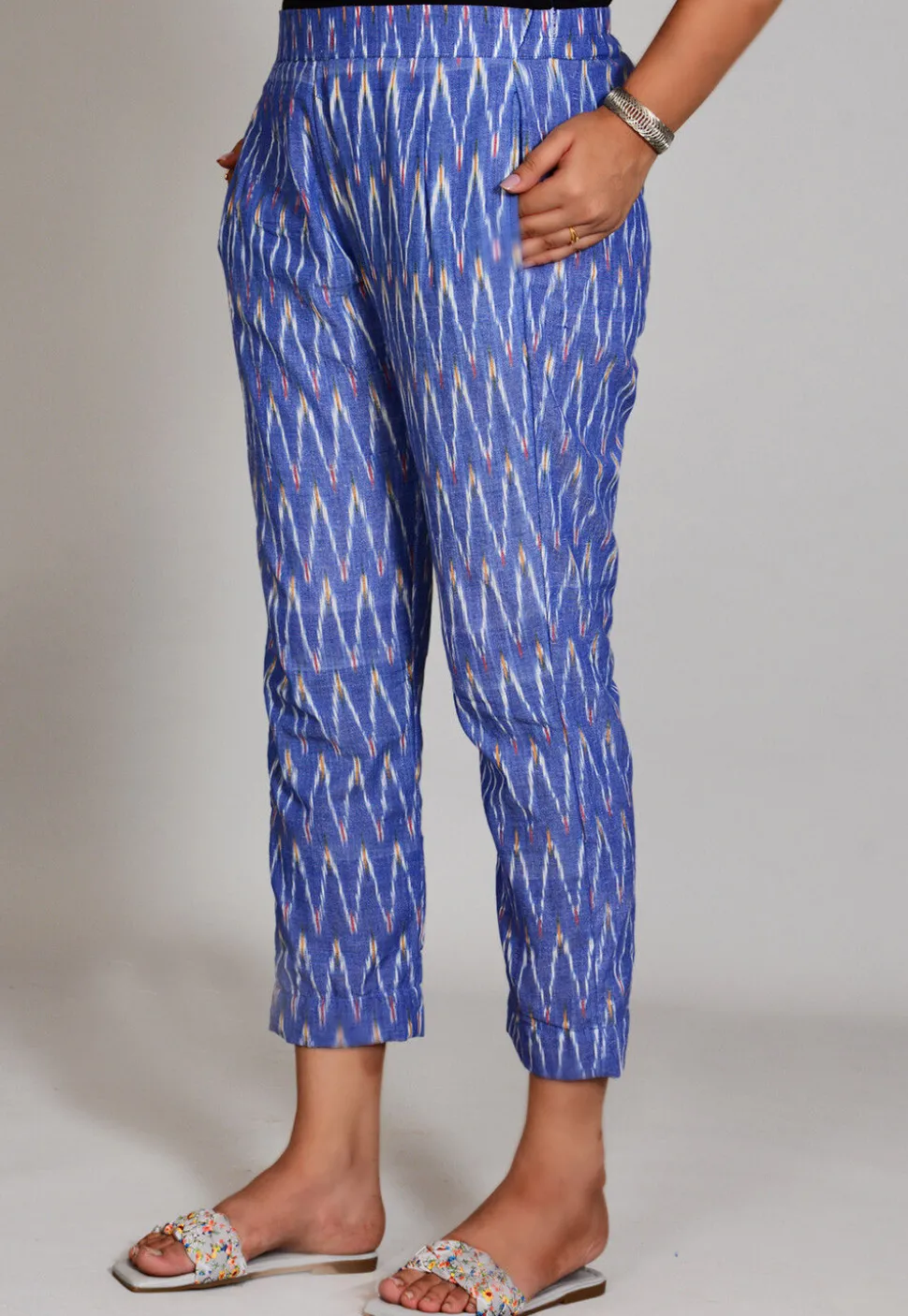 Ikat Printed Cotton Pant in Light Blue