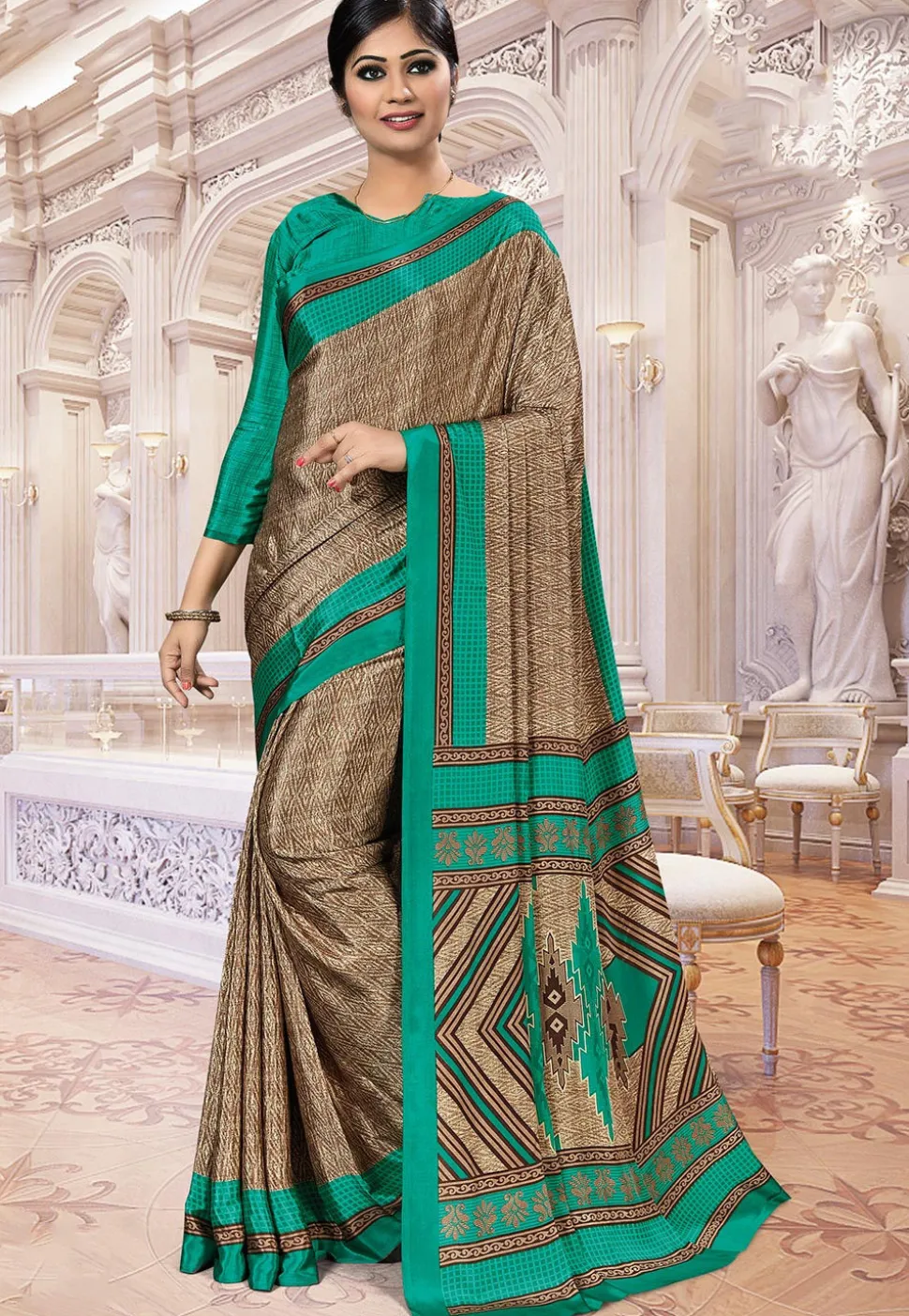 Ikat Printed Crepe Saree in Beige