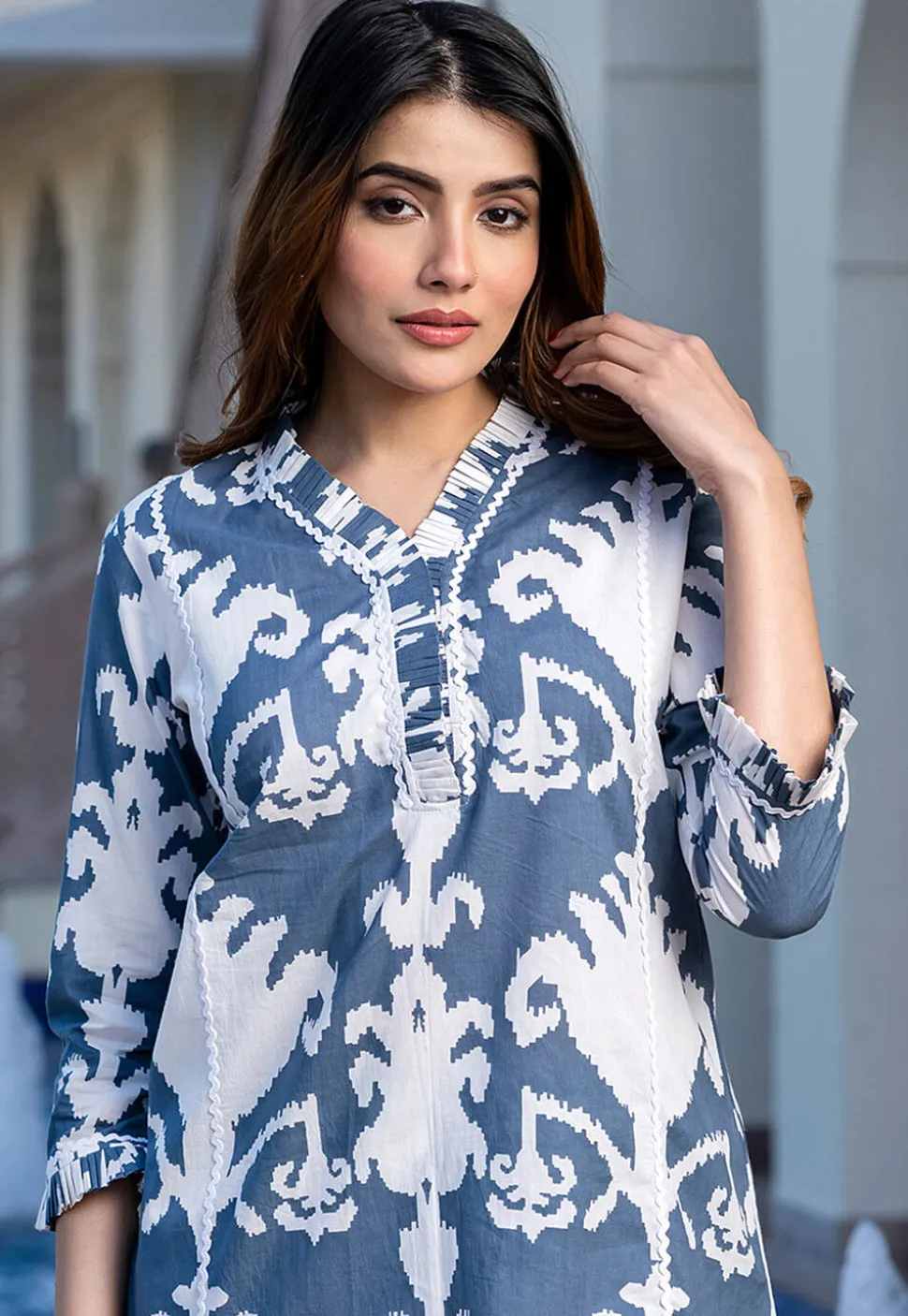 Ikat Printed Pure Cotton Co Ord Set in Dusty Blue