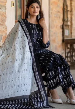 Ikat Printed Pure Cotton Pakistani Suit in Navy Blue