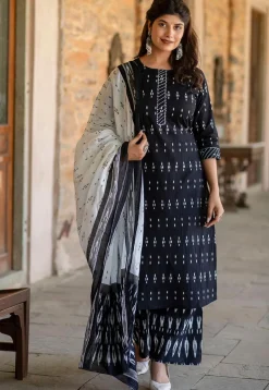 Ikat Printed Pure Cotton Pakistani Suit in Navy Blue
