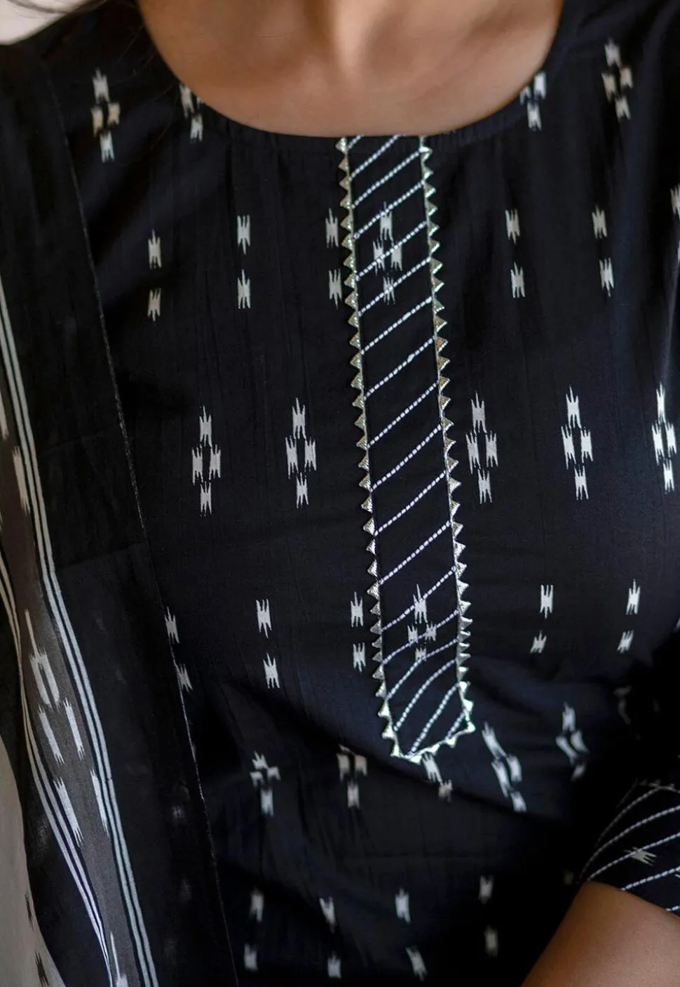 Ikat Printed Pure Cotton Pakistani Suit in Navy Blue