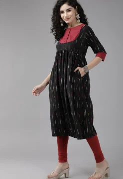 Ikat Printed Pure Cotton Straight Suit in Black