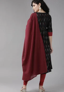 Ikat Printed Pure Cotton Straight Suit in Black