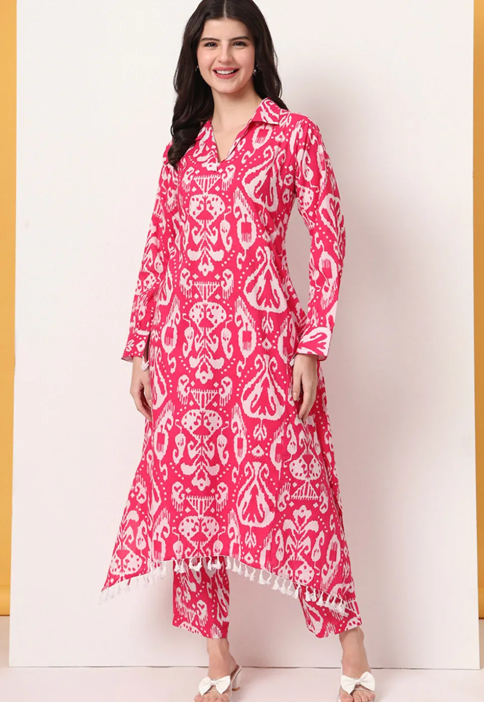 Ikat Printed Pure Cotton A Line Kurta Set in Pink