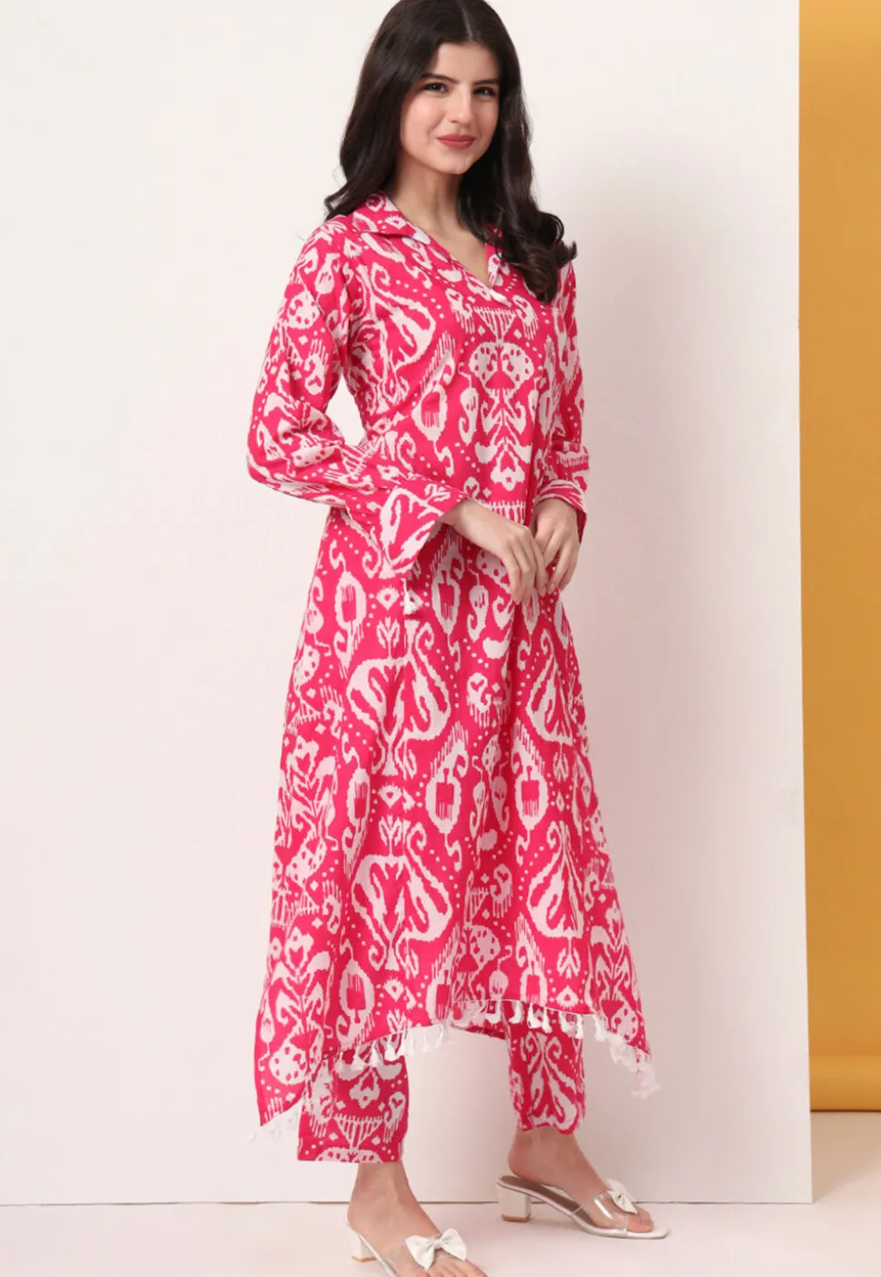 Ikat Printed Pure Cotton A Line Kurta Set in Pink