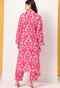 Ikat Printed Pure Cotton A Line Kurta Set in Pink