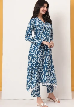 Ikat Printed Pure Cotton A Line Kurta Set in Blue