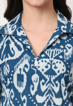 Ikat Printed Pure Cotton A Line Kurta Set in Blue