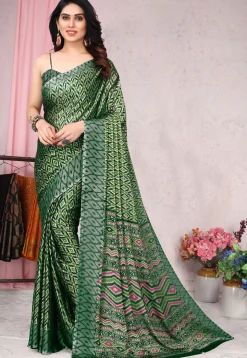 Ikat Printed Satin Chiffon Saree in Green