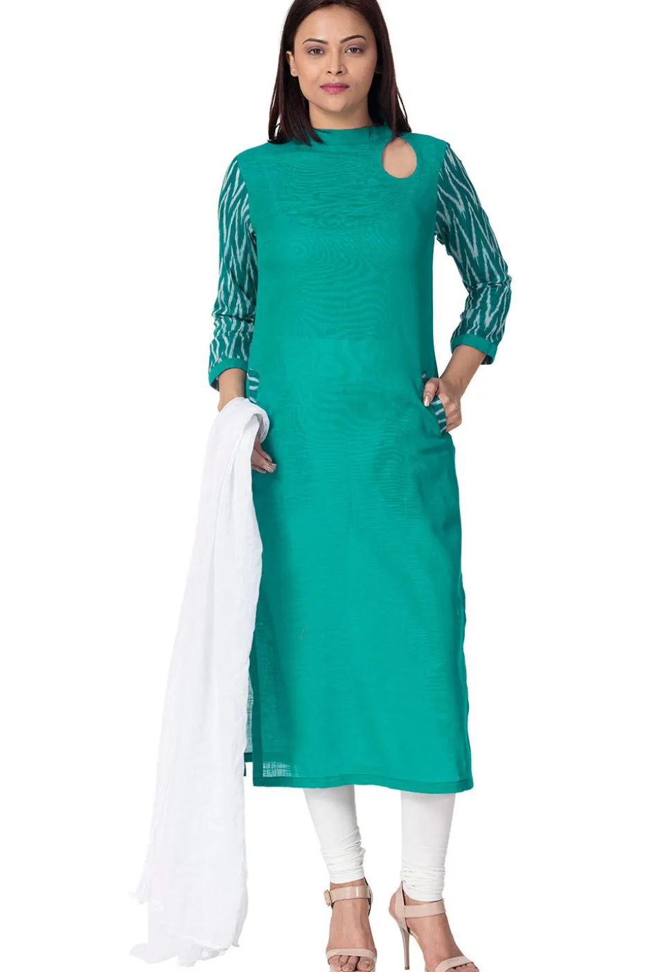 Ikat Printed Sleeve Cotton Slub Straight Suit in Teal Blue