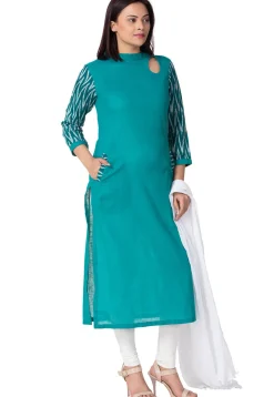 Ikat Printed Sleeve Cotton Slub Straight Suit in Teal Blue