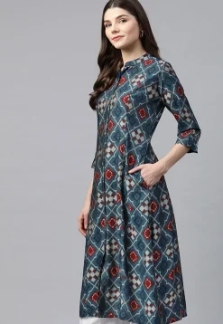 Ikat Printed Viscose Rayon A Line Kurta in Navy Blue