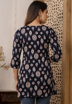 Ikat Printed Viscose Rayon Kurti in Navy Blue