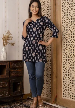 Ikat Printed Viscose Rayon Kurti in Navy Blue