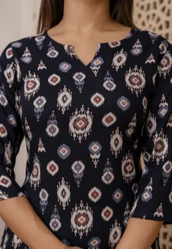 Ikat Printed Viscose Rayon Kurti in Navy Blue