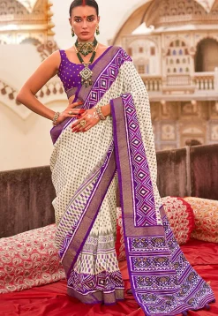 Ikat Printed Viscose Silk Saree in Off White