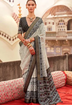 Ikat Printed Viscose Silk Saree in Off White
