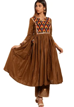 Ikat Printed Yoke Cotton Silk Flared Kurta in Brown