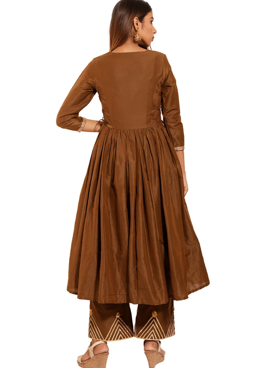 Ikat Printed Yoke Cotton Silk Flared Kurta in Brown