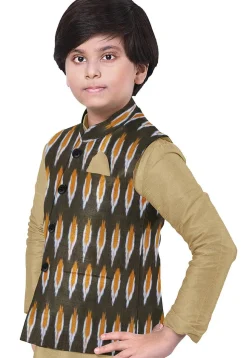 Ikat Woven Art Silk Kurta Jacket Set in Beige