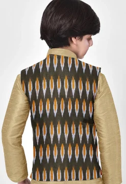 Ikat Woven Art Silk Kurta Jacket Set in Beige
