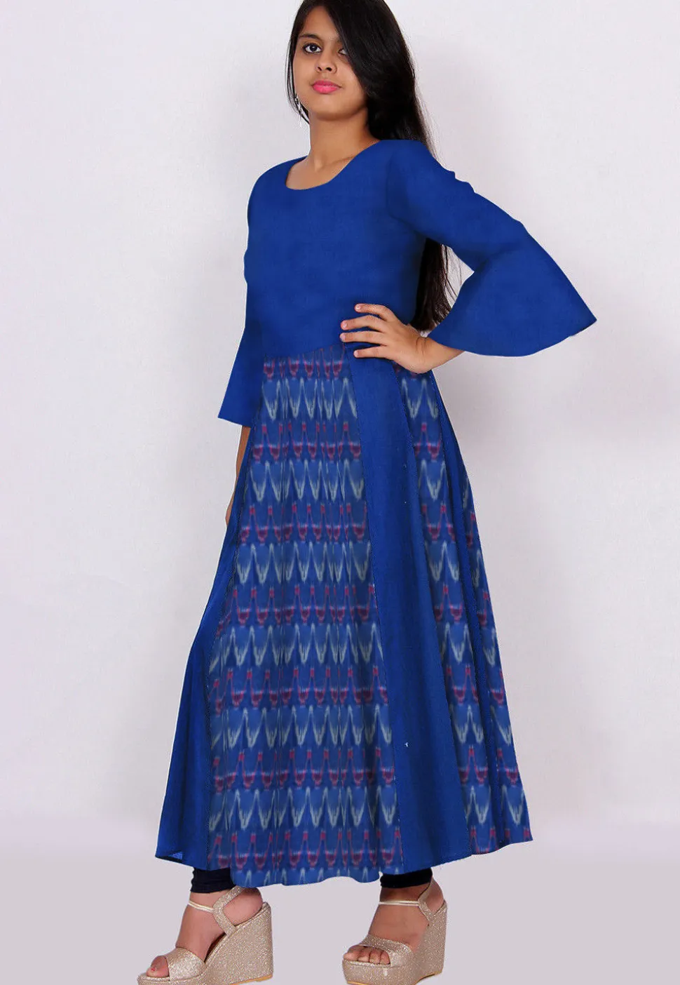 Ikat Woven Cotton Anarkali Kurta in Dark Blue