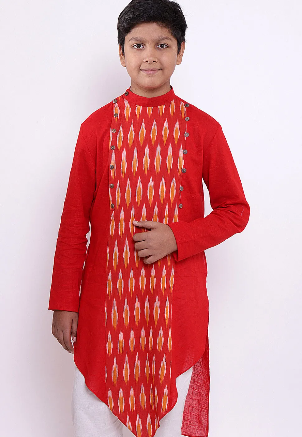 Ikat Woven Cotton Asymmetric Kurta in Red
