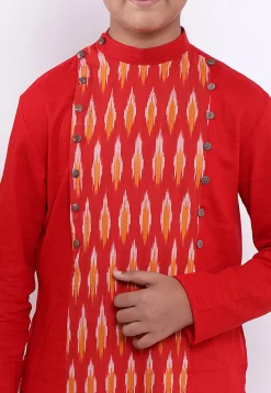 Ikat Woven Cotton Asymmetric Kurta in Red