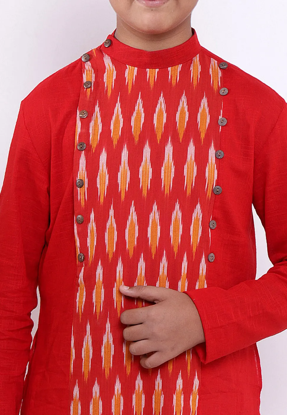 Ikat Woven Cotton Asymmetric Kurta in Red