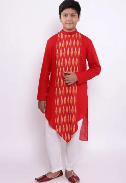 Ikat Woven Cotton Asymmetric Kurta in Red