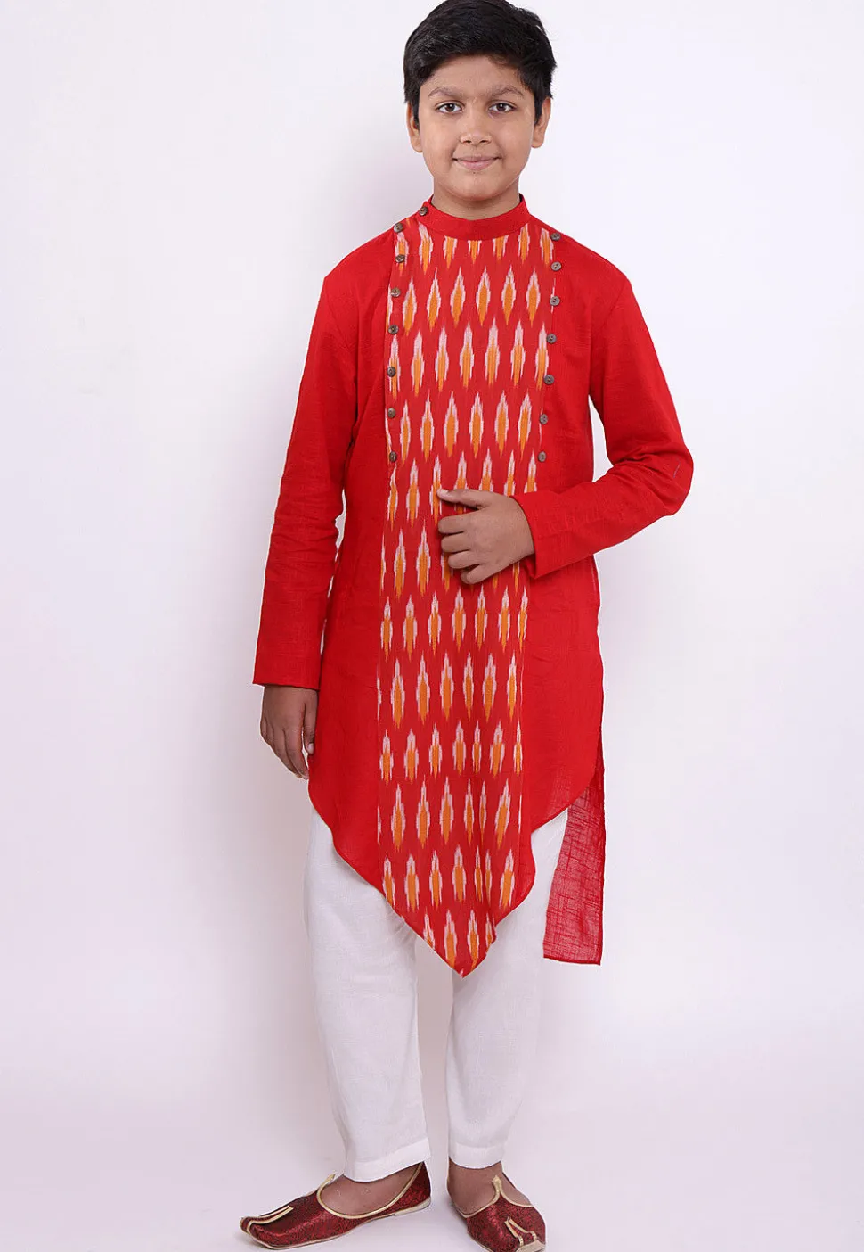 Ikat Woven Cotton Asymmetric Kurta in Red