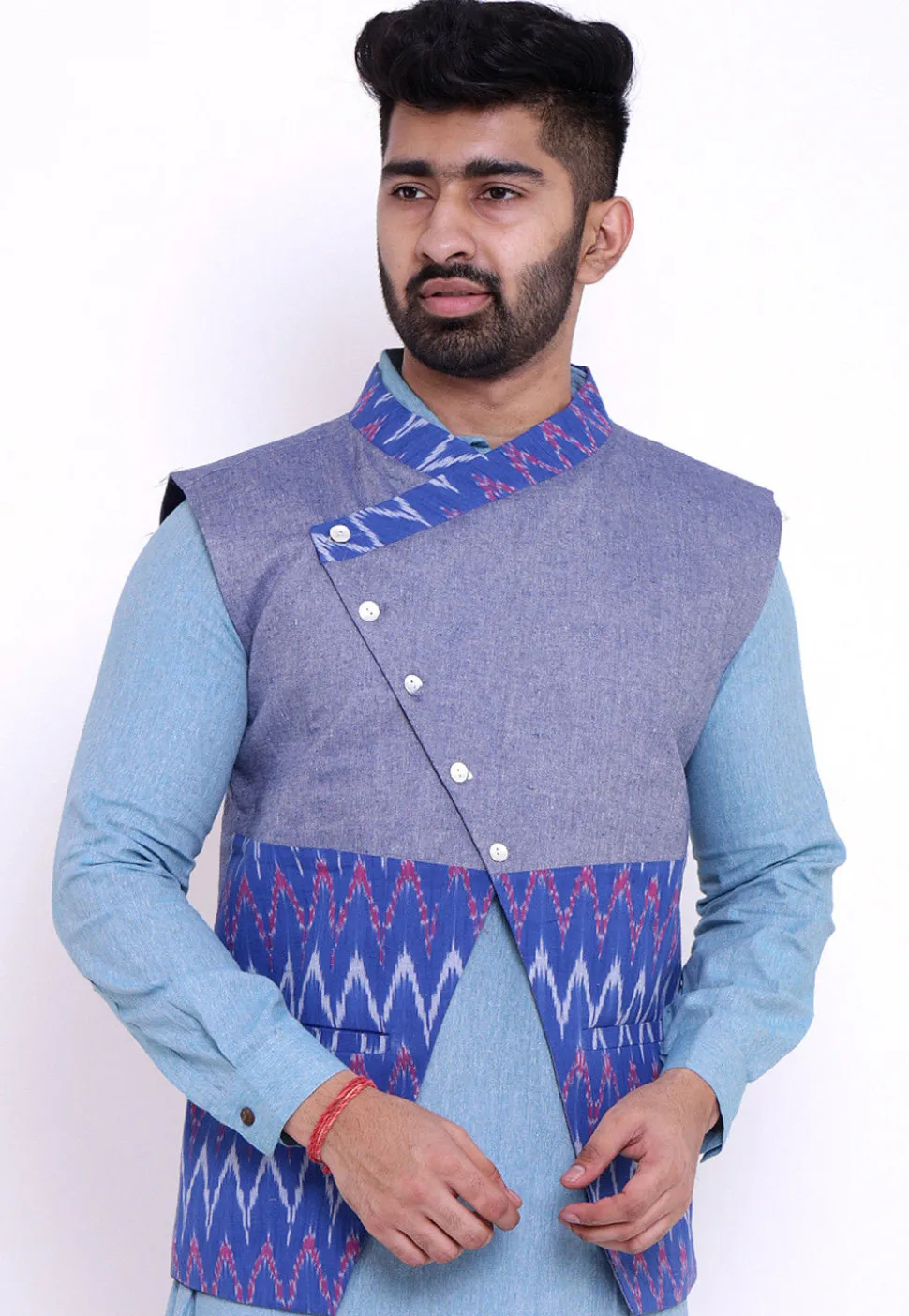 Ikat Woven Cotton Asymmetric Nehru Jacket in Blue