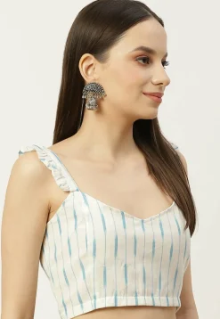 Ikat woven Cotton Frilled Strappy Blouse in Off White