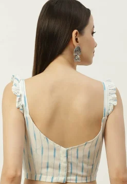 Ikat woven Cotton Frilled Strappy Blouse in Off White