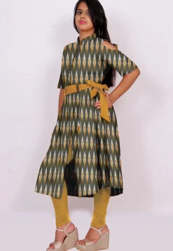 Ikat Woven Cotton Front Slit Kurta in Olive Green