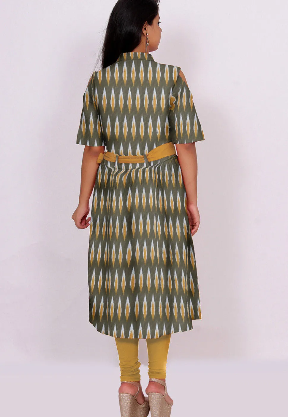 Ikat Woven Cotton Front Slit Kurta in Olive Green