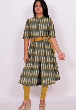 Ikat Woven Cotton Front Slit Kurta Set in Olive Green